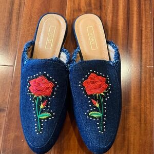 Denim Mule Shoes Rose Embroidered Studs Yoki Willas-71 Dark Blue New Size 7.5